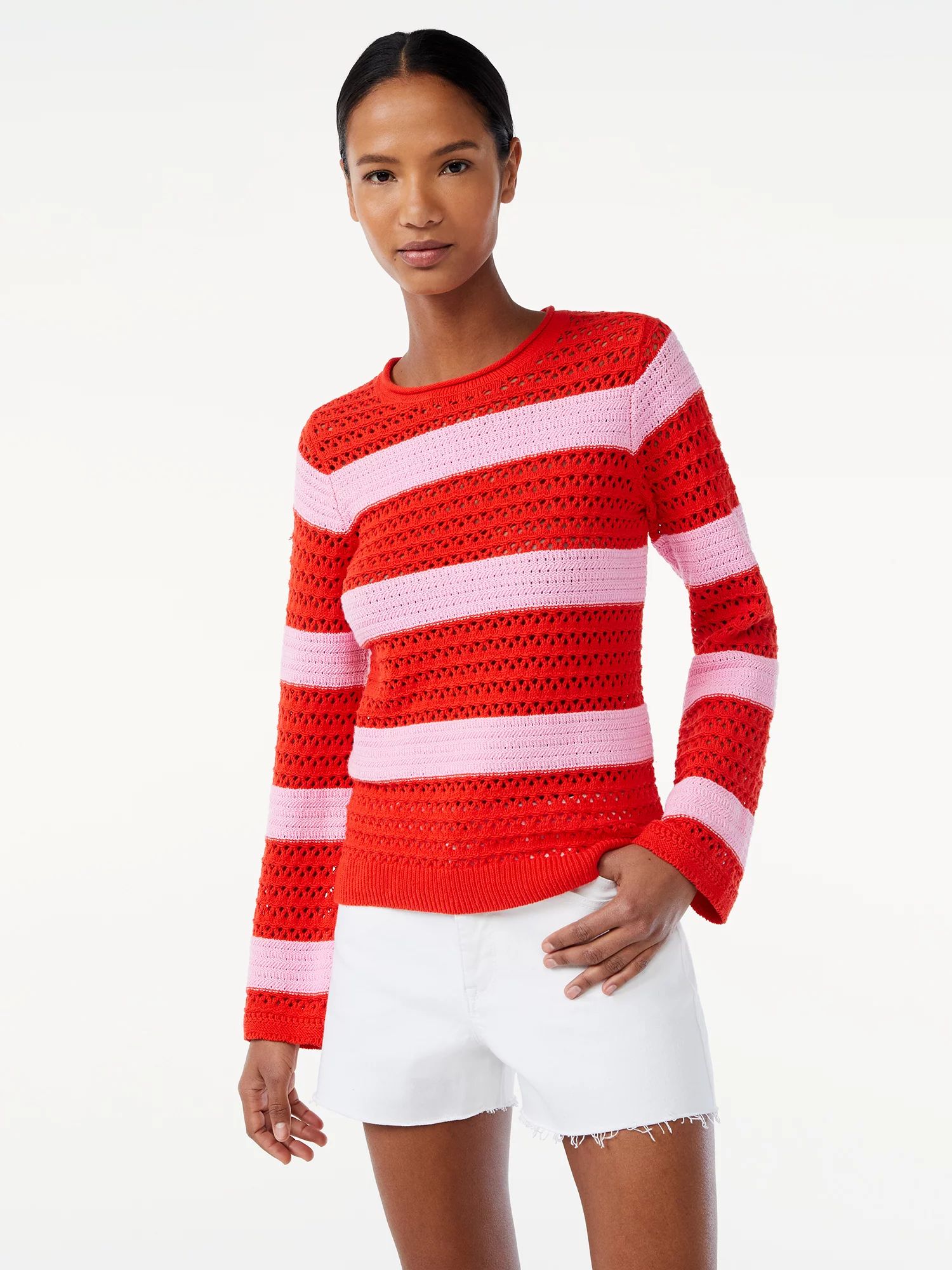 Scoop Women's Striped Crochet Sweater - Walmart.com | Walmart (US)