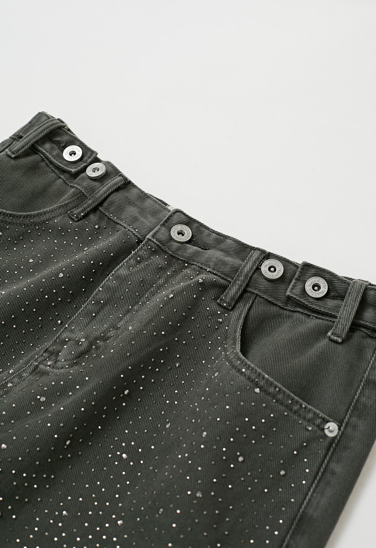 Full Rhinestone Straight-Leg Jeans in Smoke | Chicwish