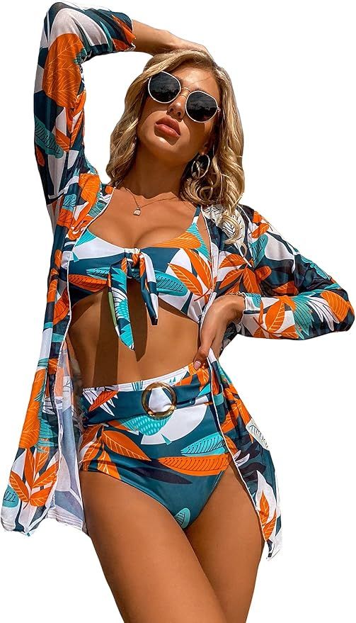 OYOANGLE Women's 3 Piece Hawaii Leaf Print Swimsuit Tie Front High Waist Bikini with Kimono Cover... | Amazon (US)