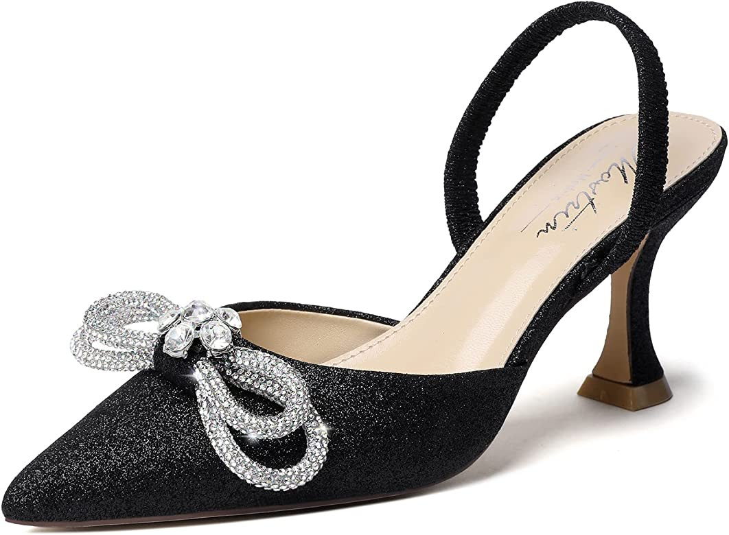 Mostrin Women's Rhinestone Ankle Strap Pumps Satin Pointed Toe Stilettos Backless Kitten Heels Weddi | Amazon (US)