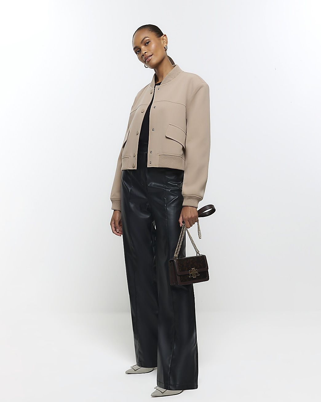 Brown Tailored Crop Bomber Jacket | River Island (UK & IE)
