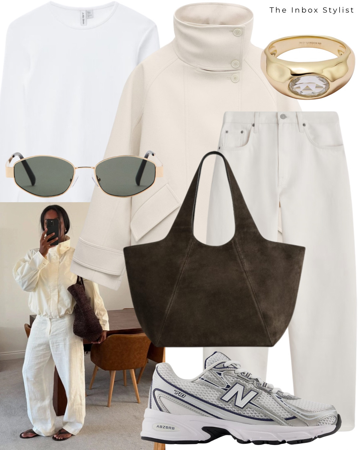 Head to toe white for a fresh spring look. 

Including funnel neck jacket, white barrel jeans, long sleeve top, brown suede handbag, gold sunglasses, gold stone ring, chunky trainers  

#LTKstyletip #LTKspring #LTKuk