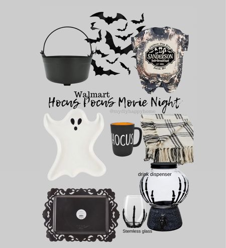 Hocus Pocus Movie night.

Serving trays for appetizers 
Use the plastic cauldron for popcorn 
T-shirt 
Throw blanket 
Mug for hot cocoa 
Drink dispenser for punch  
Walmart finds
Walmart 

#LTKfamily #LTKSeasonal #LTKHalloween
