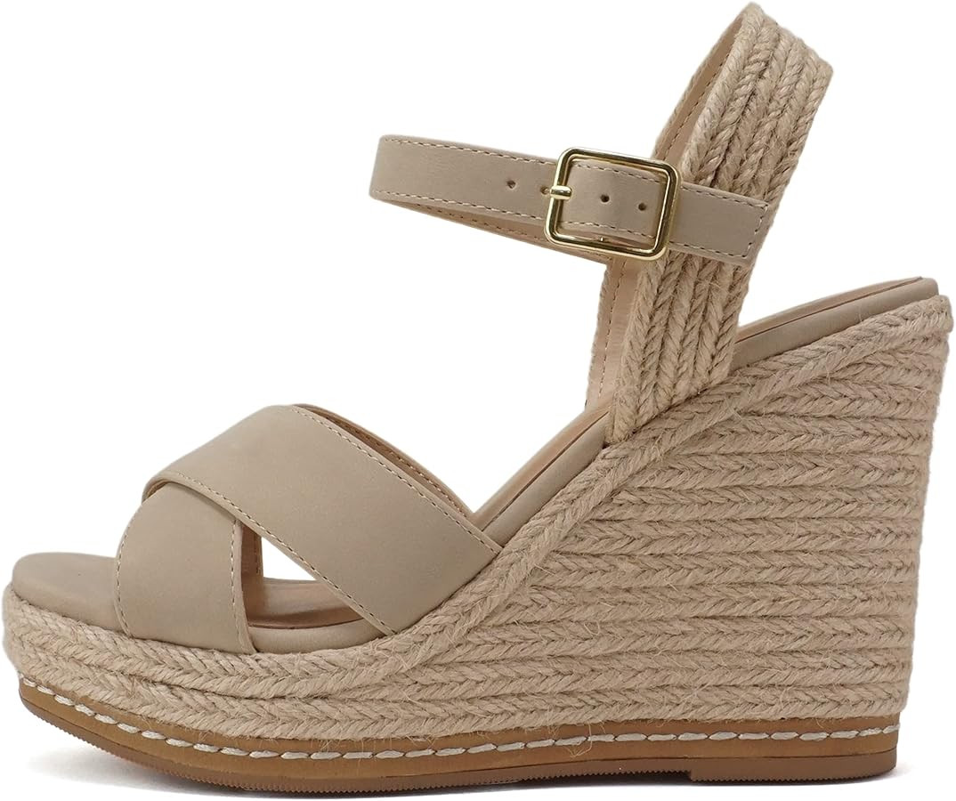 Soda MELANY ~ Women Open Toe Crisscross Two Bands Upper Ankle Strap High Heel Espadrille Wedge Sa... | Amazon (US)