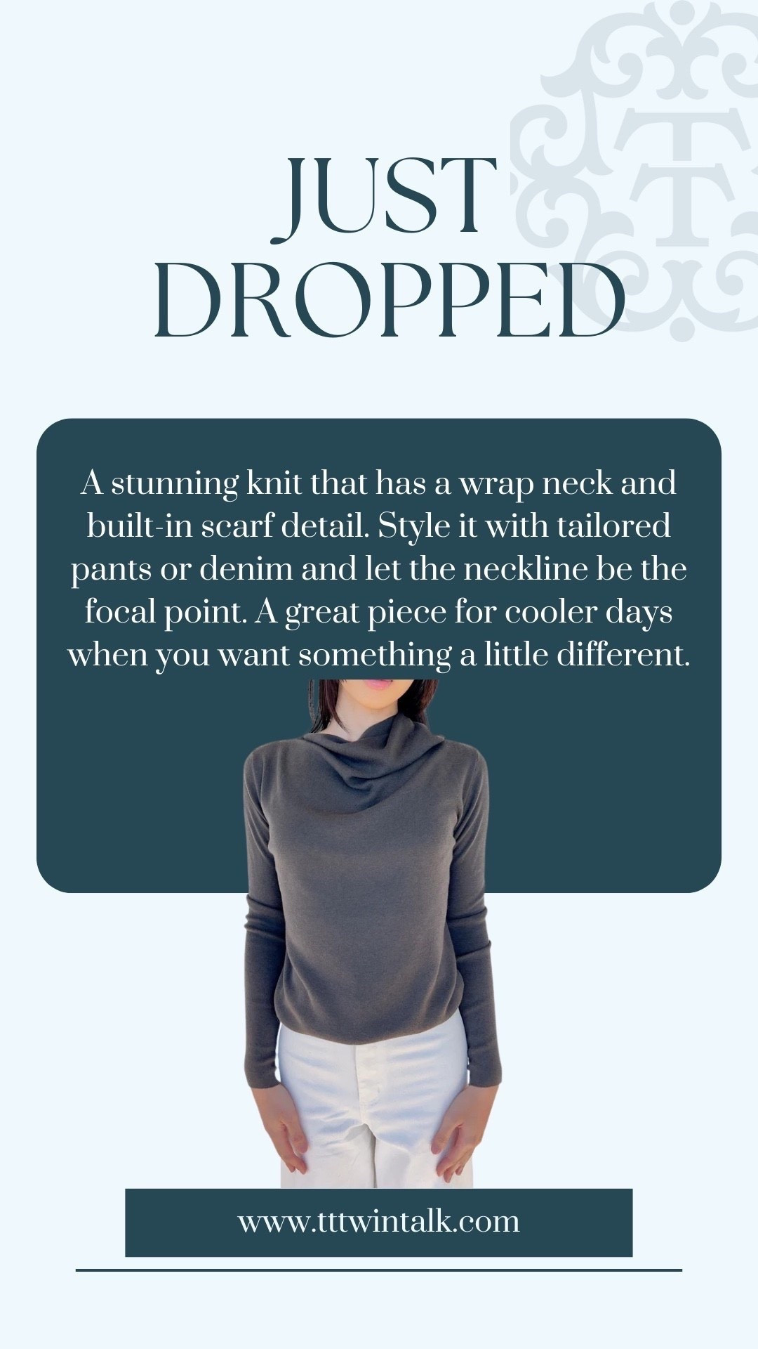 A stunning knit that has a wrap neck and built-in scarf detail. Style it with tailored pants or denim and let the neckline be the focal point. A great piece for cooler days when you want something a little different.

#LTKMidsize #LTKSeasonal #LTKOver40