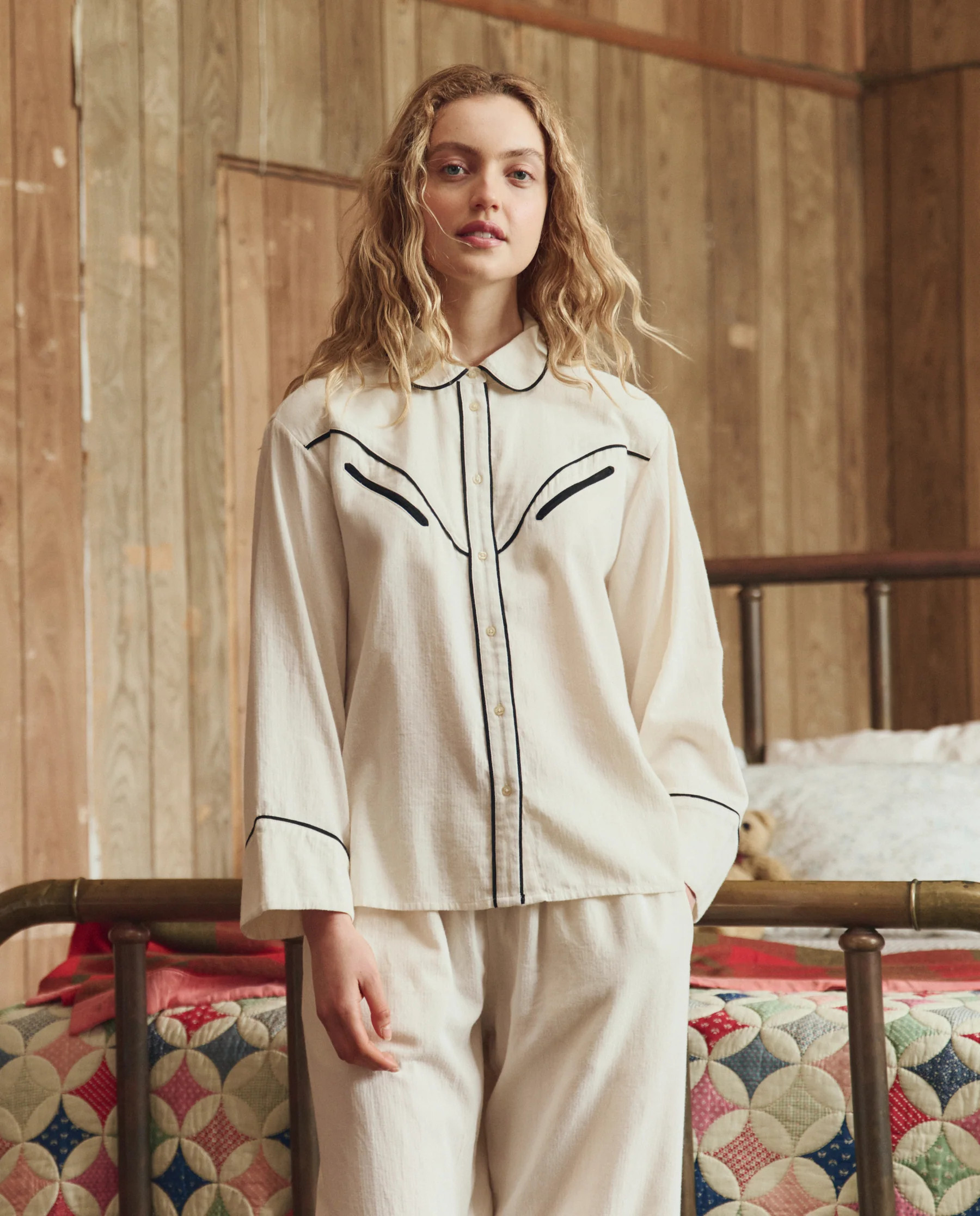 The Flannel Western Pajama Shirt. -- Cream and Black | THE GREAT.
