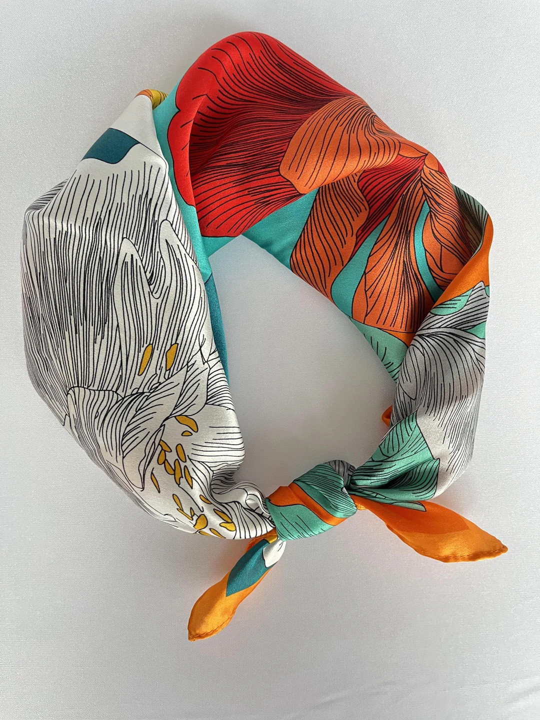 100% Mulberry Silk Scarf 21"x21"for Women, Four-color Flower Orange Border Digital Printed Square... | Etsy (US)