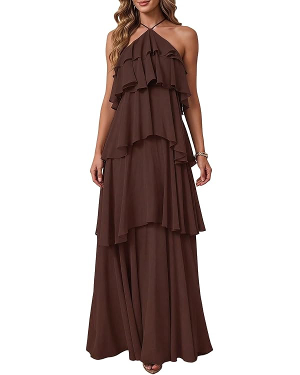 SOLY HUX Women's Wedding Guest Dress Sundresses Ruffle Layered Halter Backless Flowy Formal Maxi ... | Amazon (US)