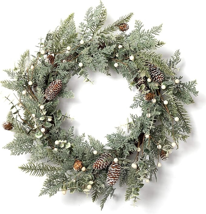LOHASBEE Artificial Christmas Wreath, 24" Pine Cone Grapevine Flocked Glitter Fir Wreath with Whi... | Amazon (US)