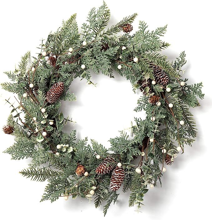 LOHASBEE Artificial Christmas Wreath, 24" Pine Cone Grapevine Flocked Glitter Fir Wreath with Whi... | Amazon (US)