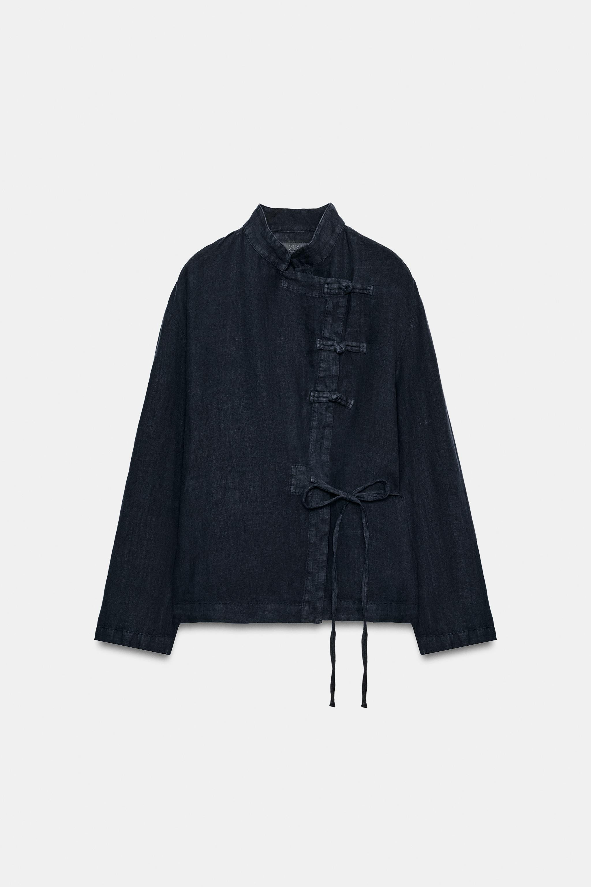 ZARA WOMAN COLLECTIONBlouse made with linen yarn. High neck and long sleeves. Front wrap closure ... | Zara US