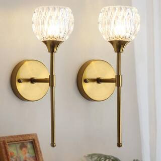 (Set of 2) 7 in. Luxury 1-Light Golden Bronze Wall Sconce with Crystal Glass Shade (Bulbs Not Included) | The Home Depot