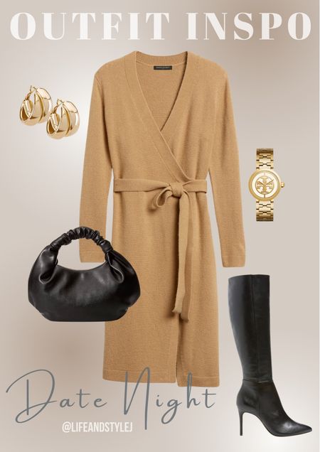 Outfit inspo - Date night look! Wrap knee length sweater dress, black handbag that matches the high boots, gold accessories to polish the look✨

#LTKU #LTKSeasonal #LTKstyletip