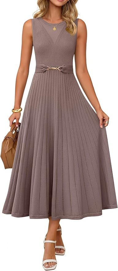ZESICA Womens Summer Sleeveless Midi Dress 2026 Casual Crewneck Pleated A Line Flowy Kint Sweater... | Amazon (US)