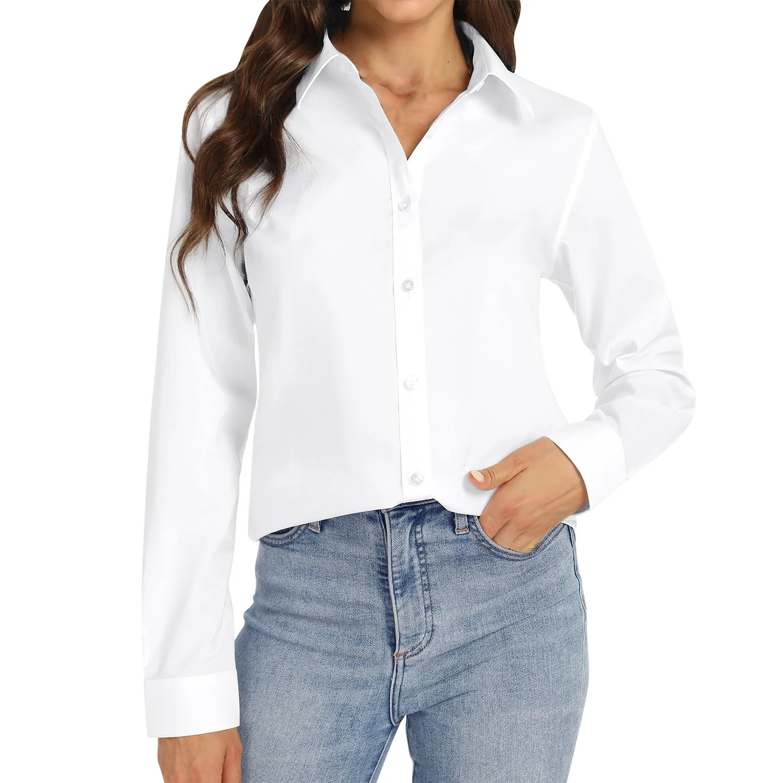 Up-dating Women's Button Down Shirts Long Sleeve Basic Classic Soft Shirt Collared Dressy Casual ... | Walmart (US)
