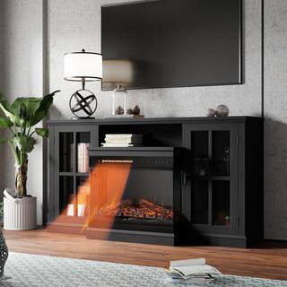 LACOO 59 in. Deluxe Black TV Stand with 5,000 BTU Electric Fireplace and Glass Cabinets, Room Cen... | The Home Depot