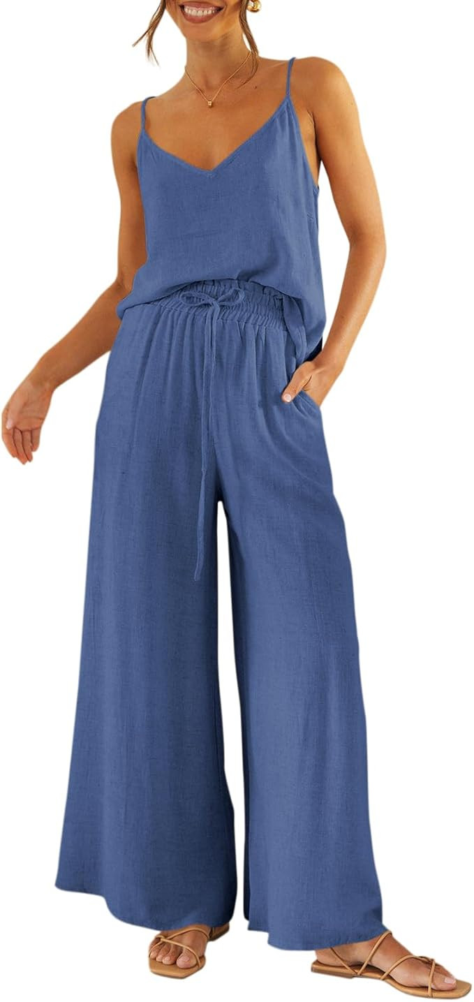 Imily Bela Womens 2 Piece Outfit Set Spaghetti Strap V Neck Cami Top with Wide Leg Pants Casual P... | Amazon (US)