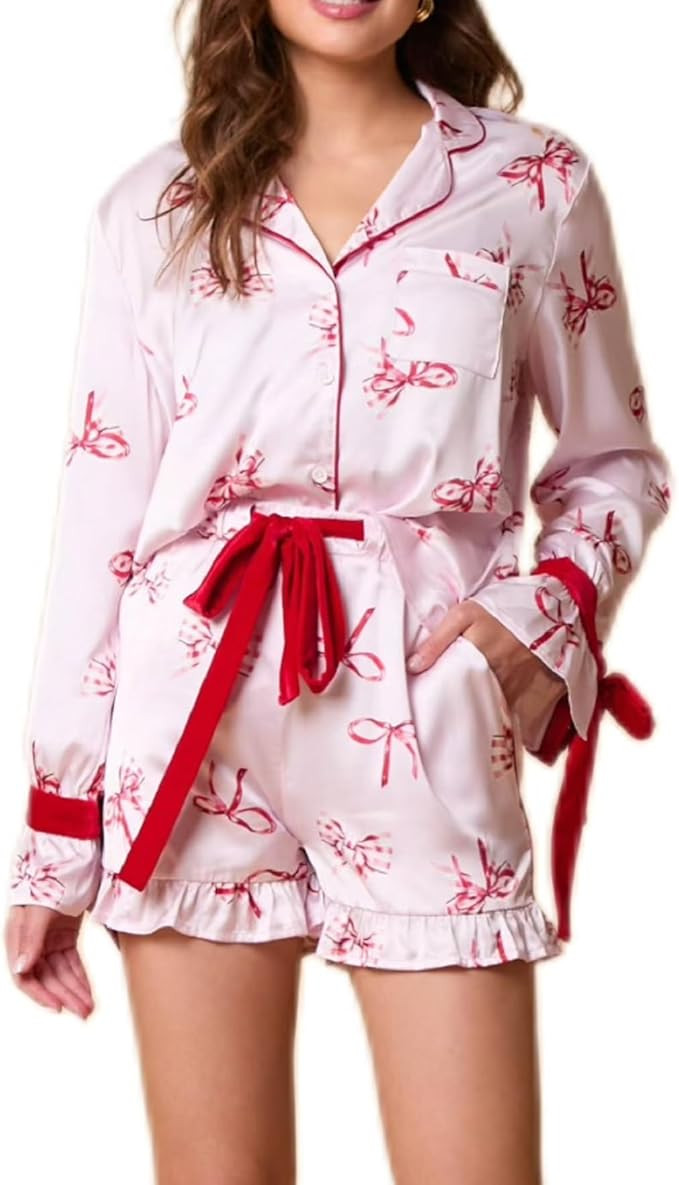 Juakoso Women Graphic 2 Piece Pajama Set Christmas Bow Tie Long Sleeve Shirt Ruffle Shorts Colorf... | Amazon (US)
