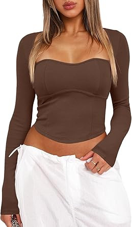 Darong Women's Ribbed Knit Long Sleeve Sweetheart Square Neck Crop Top 2023 Trendy Slim Fit T Shi... | Amazon (US)
