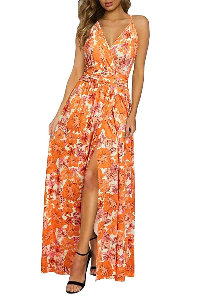 Newshows Women Summer 2025 Maxi Dress Vacation Floral Spaghetti Strap Spring Casual Boho Split Be... | Amazon (US)