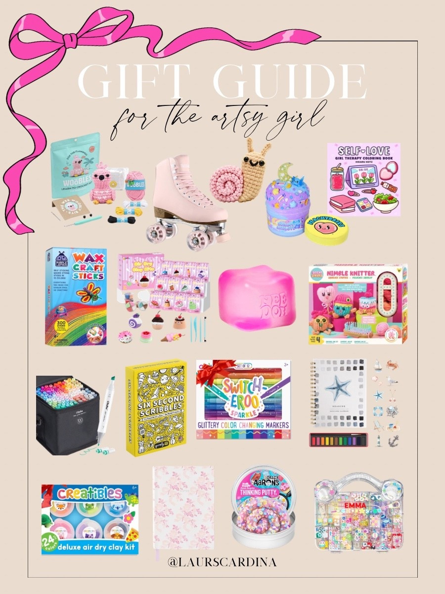 Gift guide for the artsy girl picks include a crochet kit, roller skates, slime, a coloring book, wax craft sticks, clay, a squeeze toy, knitting kit, markers, six second scribbles, markers, a watercolor kit, a notebook, putty, and a jewelry making kit.

Gifts for teens, gift guide for kids, gift guide for teen girls

#LTKFindsUnder50 #LTKGiftGuide #LTKHoliday