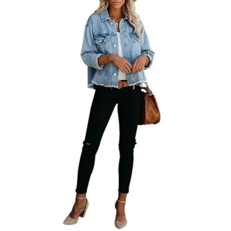 TSEXIEFOOFU Women s Washed Denim Jacket Long Sleeve Button Down Loose Boyfriend Jean Jacket | Walmart (US)