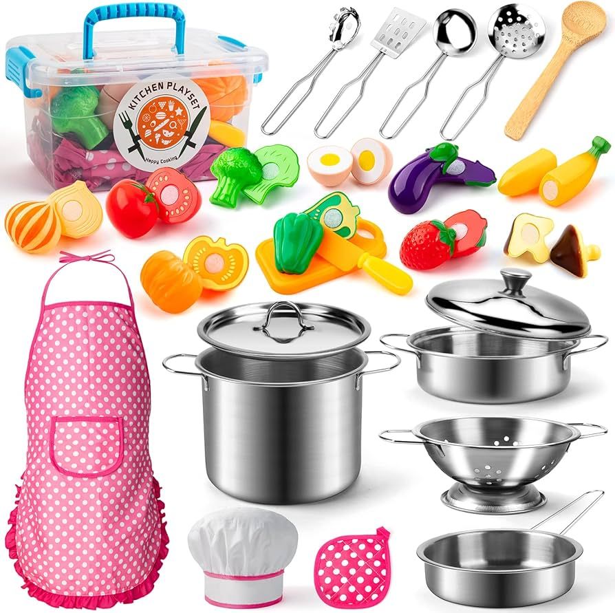 Tigerhu 26PCS Play Kitchen Accessories, Kitchen Pretend Play Cooking Toys w/ Stainless Steel Cook... | Amazon (US)