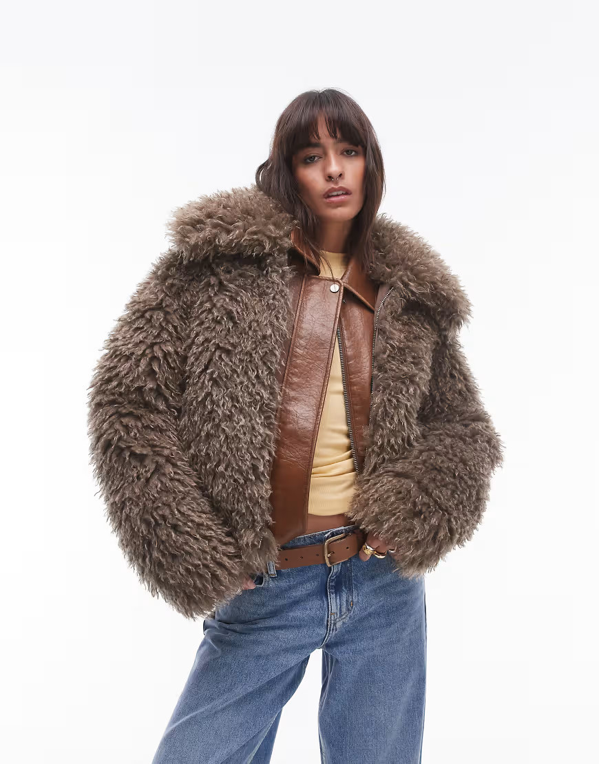 Topshop faux mongolian fur bomber coat in grey | ASOS (Global)