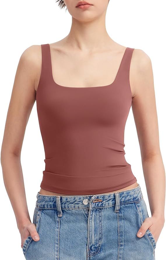 PUMIEY Women's Square Neck Tank Top Sleeveless Double Lined Basic Tops Sharp Collection | Amazon (US)