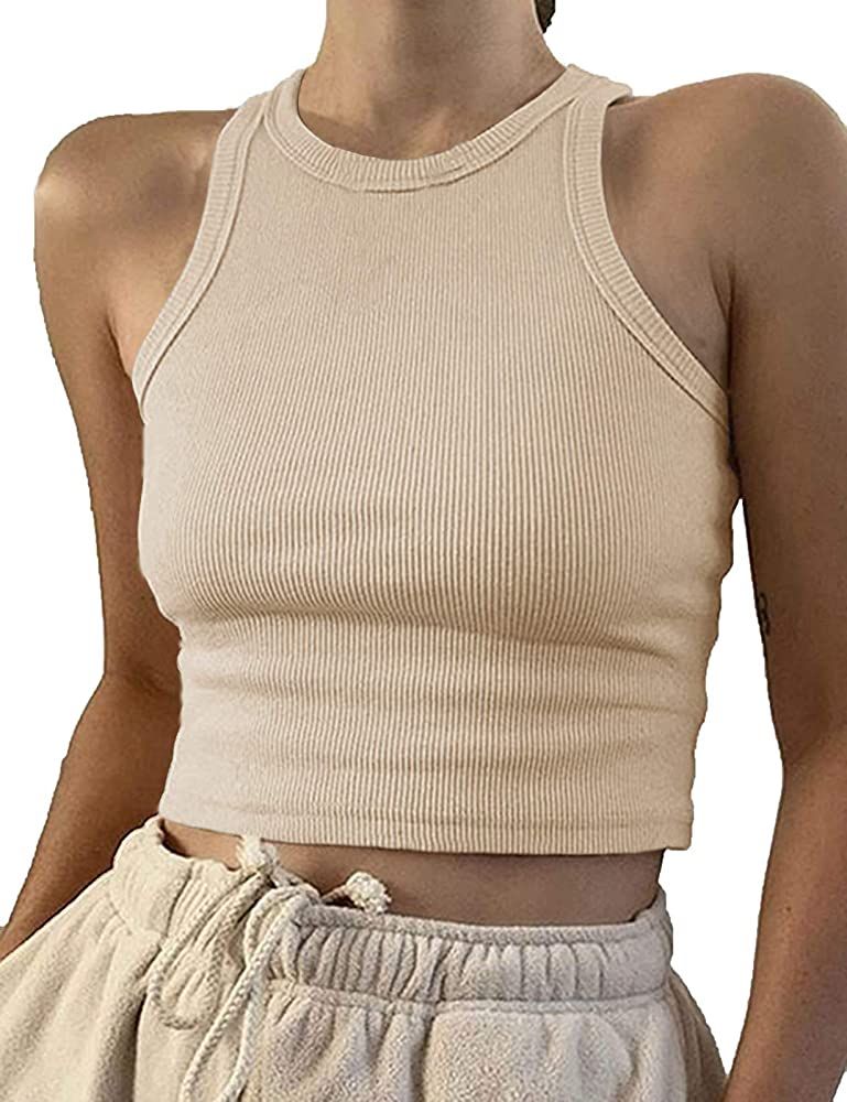 Artfish Women Casual Basic Sleeveless High Neck Rib-Knit Front Racerback Crop Tank Top Neutral Ta... | Amazon (US)