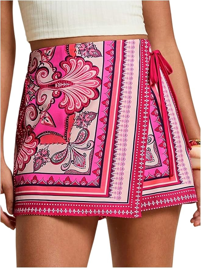 SweatyRocks Women's Boho Mini Skirts Floral Shorts Tie Side Wrap Elastic Waist Summer Skorts Beac... | Amazon (US)