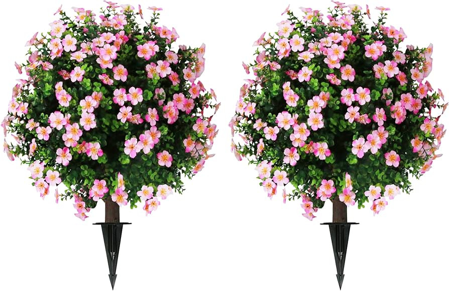 Sunnyglade Set of 2 Artificial Boxwood Topiary Ball Trees with Pink Flower, Faux Shrub Bushes wit... | Amazon (US)