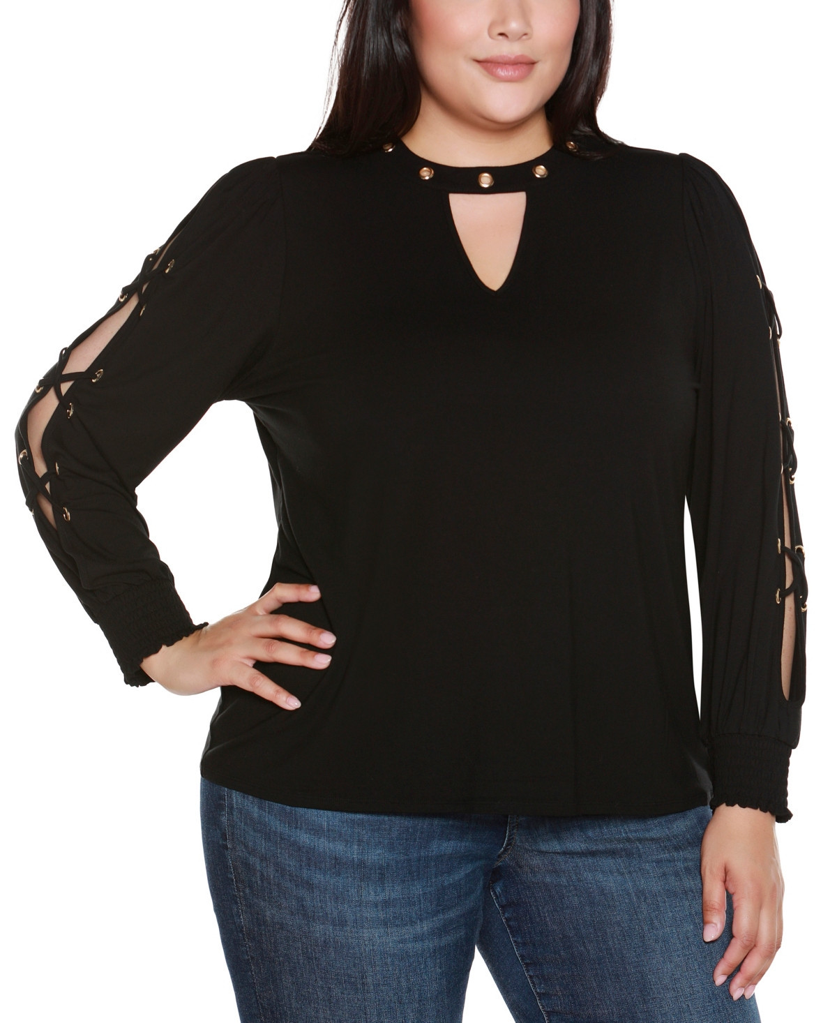 Belldini Plus Size Slit-Sleeve Keyhole Knit Top - Black, Gold | Macy's