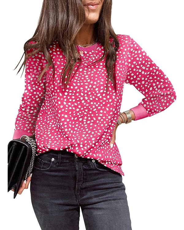 EVALESS Womens Casual Polka Dots Tops Crewneck Long Sleeve Shirts Summer 2024 Lightweight Loose S... | Amazon (US)