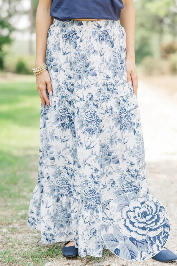 Gathered Together Navy Toile Maxi Skirt | The Mint Julep Boutique