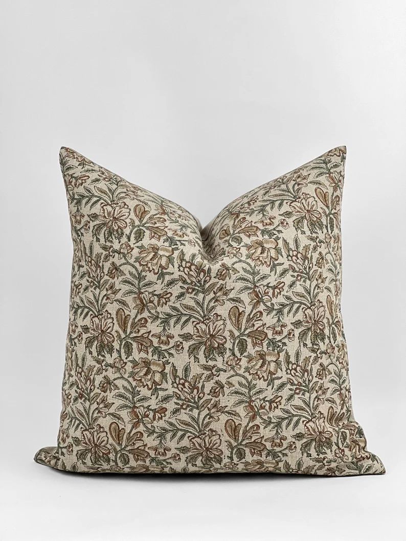 RHEA Designer Rust Green Floral Linen Pillow Cover Block - Etsy Canada | Etsy (CAD)