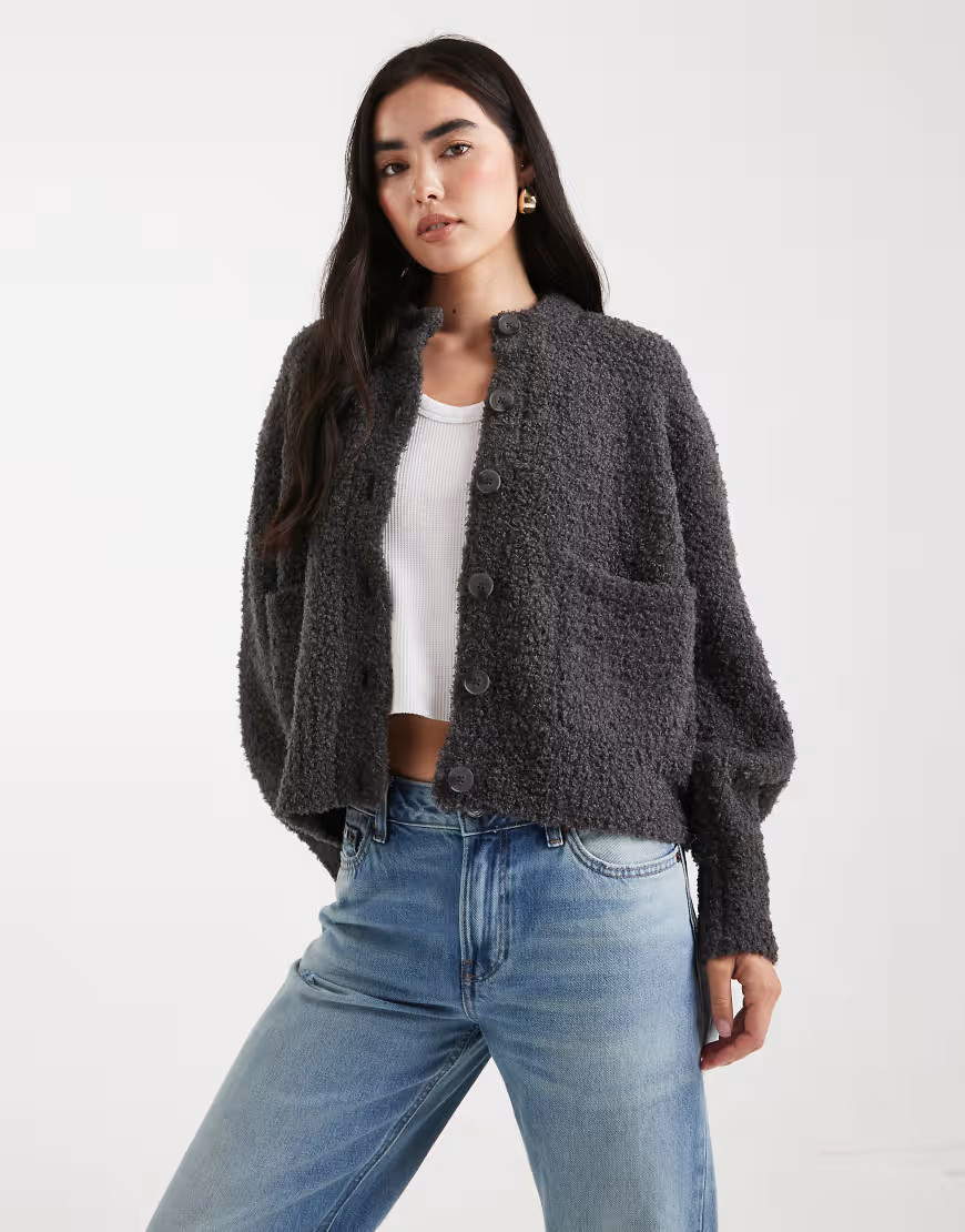ASOS DESIGN boxy oversized boucle cardigan with pocket detail in charcoal-Gray | ASOS (Global)