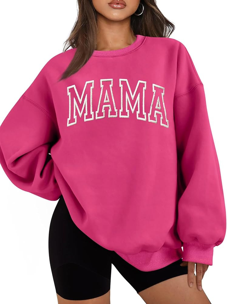Mama Sweatshirts for Women Embroidered Mama Shirt Oversized Mom Crewneck Pullover Hoodies Long Sl... | Amazon (US)