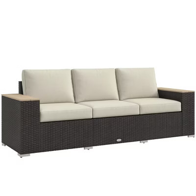 Outsunny Thick Cushioned 3-Seater Outdoor Sofa, Wood Grain Wide Armrests, Patio Couch, Beige | Target
