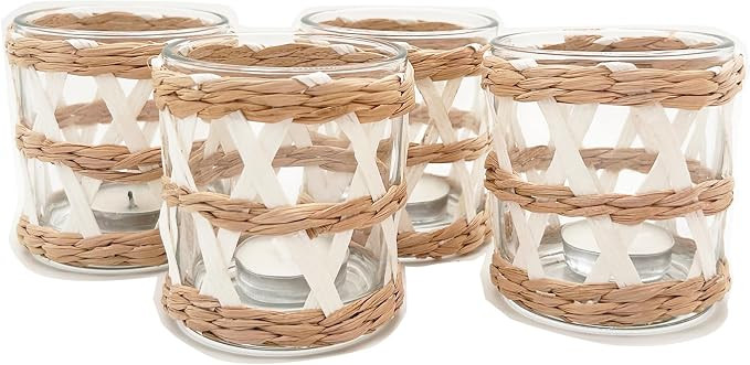 Pack 4 White Woven Rattan Tealight Candle Holders Candle Lantern - Coastal Tropical Glass Tea Lig... | Amazon (US)