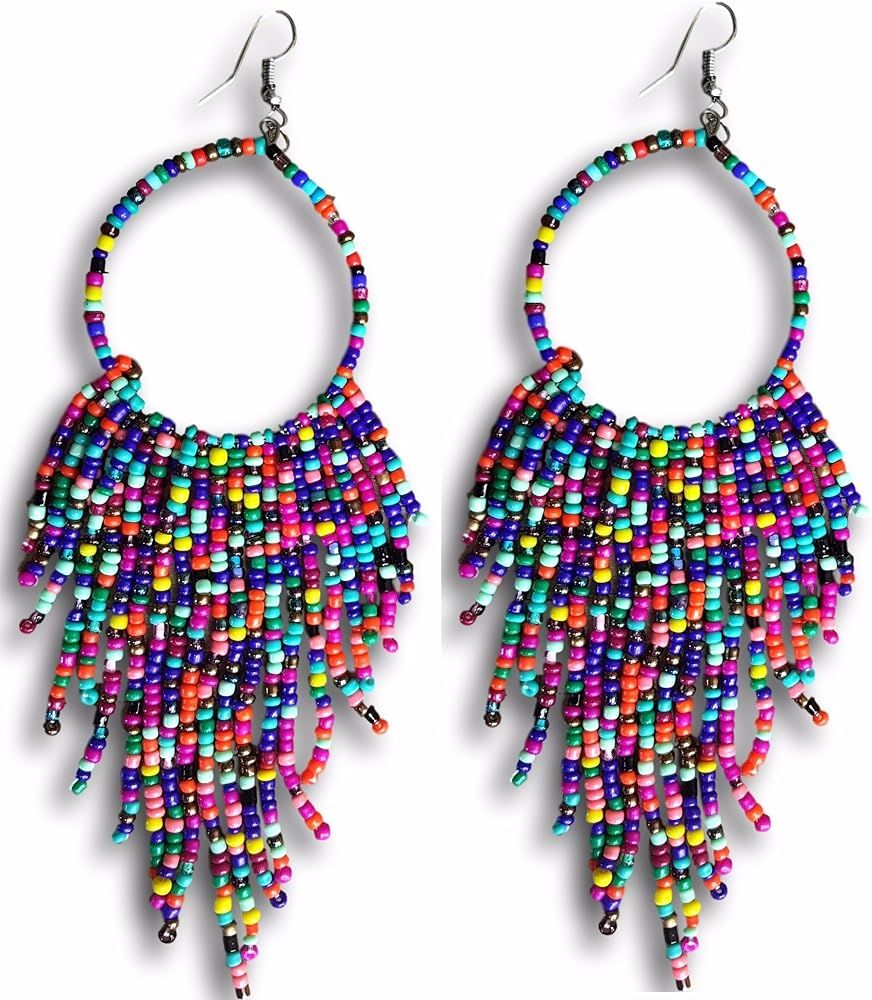 Tribal Dangle Fringe Tassel Bead & Hoop Earrings Native American Style by Pashal (Multi Color) | Amazon (US)