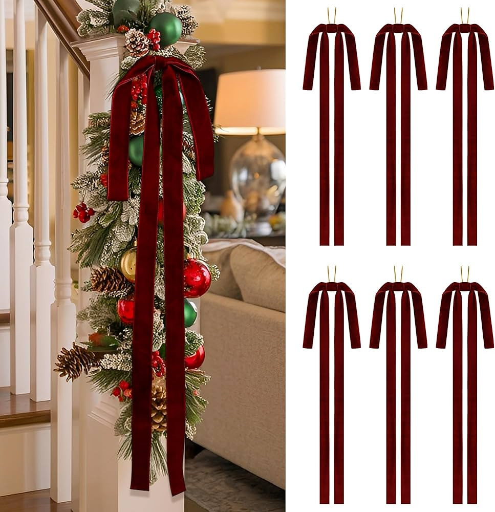 SIMISI RIBBON Burgundy Long Velvet Bows Ornaments for Christmas Tree, Wreath, Garland, Swag, Stai... | Amazon (US)