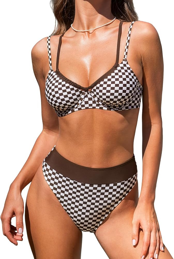 CUPSHE Women's Bikini Sets Two Piece Swimsuit High Waisted Underwire Double Straps Crisscross Bac... | Amazon (US)
