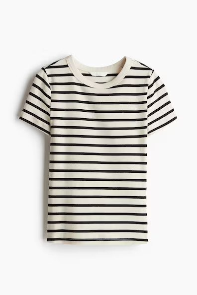 H & M - Ribbed T-Shirt - Cream/Black Striped | H&M (US + CA)