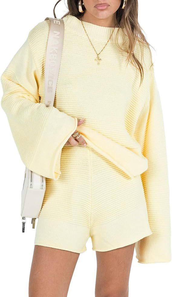 Knit Two Piece Outfits for Women Sweater Long Sleeve Top High Elastic Waist Shorts Sets Summer Lo... | Amazon (US)