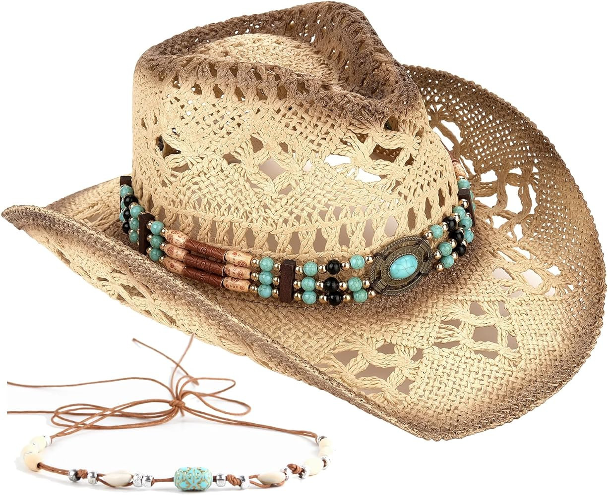 Men's Women's Straw Cowboy Hat Cowgirl Woven Sun Hat Western Cowboy Hat Two Decorative Bands | Amazon (US)