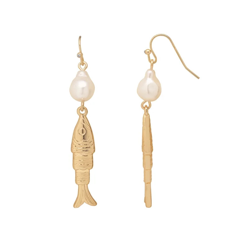 Time and Tru Women's Gold Tone Fish and Pearl Drop Earrings, Fashion Jewelry | Walmart (US)