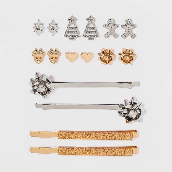 Multi Holiday Bow and Icon Bobby Pins and Stud Earring Set 10pc | Target