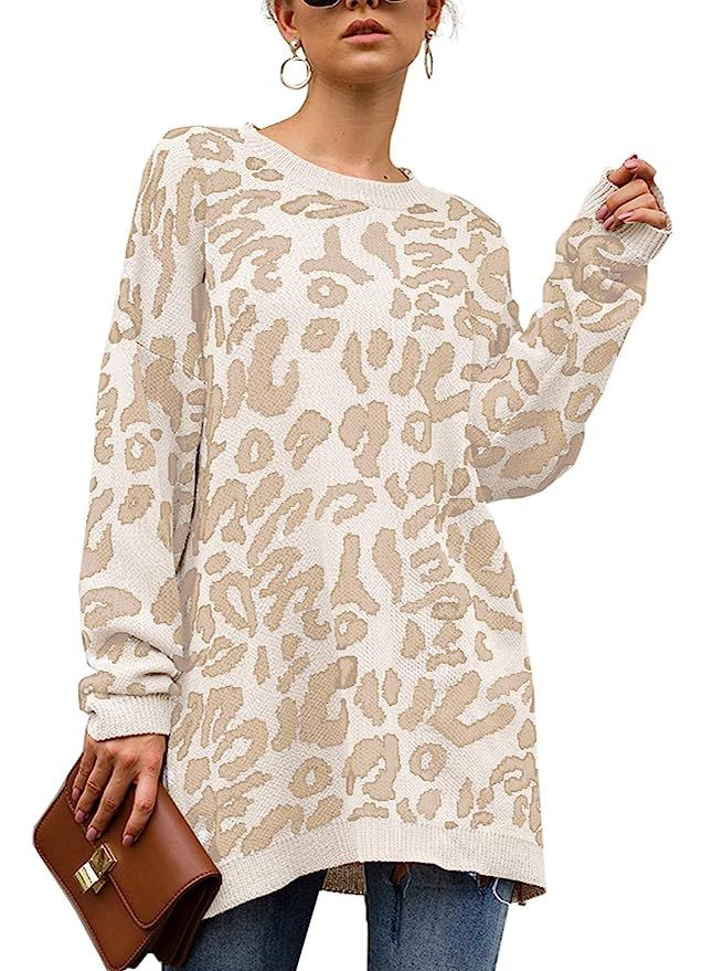 Yidarton Women's Casual Leopard Print Crew Neck Long Sleeve Camouflage Knitted Tops Oversized Pul... | Amazon (US)