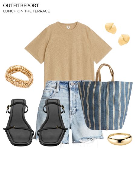 Denim jeans shorts beige brown T-shirt beach bag black sandals gold jewellery 

#LTKsummer #LTKstyletip #LTKshoes